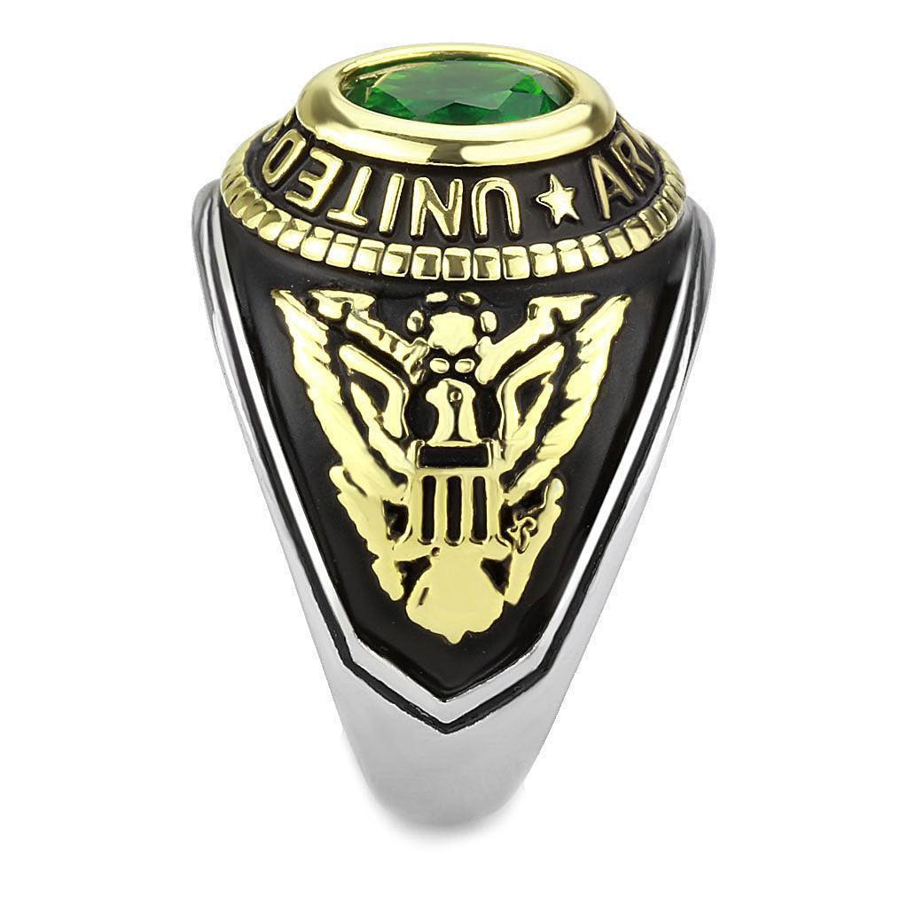 Army Ring for Men and Women Unisex Stainless Steel Military Class Ring in Gold with Green Stone - Jewelry Store by Erik Rayo