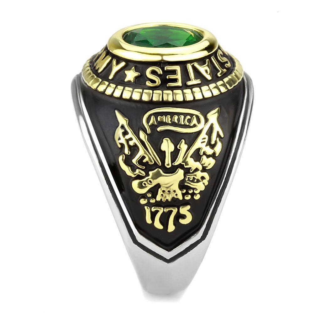 Army Ring for Men and Women Unisex Stainless Steel Military Class Ring in Gold with Green Stone - Jewelry Store by Erik Rayo