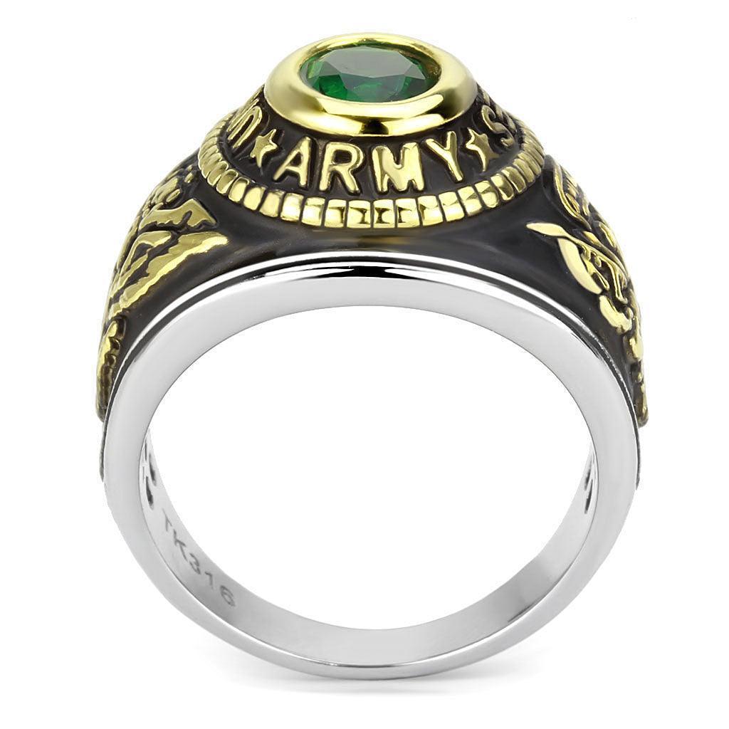 Army Ring for Men and Women Unisex Stainless Steel Military Class Ring in Gold with Green Stone - Jewelry Store by Erik Rayo