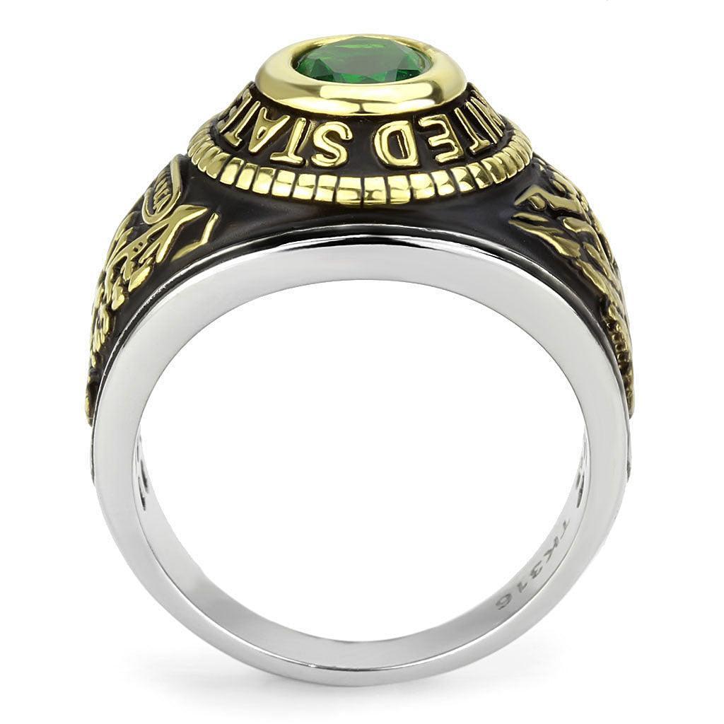 Army Ring for Men and Women Unisex Stainless Steel Military Class Ring in Gold with Green Stone - Jewelry Store by Erik Rayo