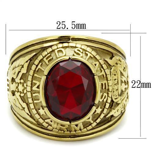 US Army Ring for Men and Women Unisex Stainless Steel Military Patriotic Ring in Gold with Red Stone Rock - Jewelry Store by Erik Rayo