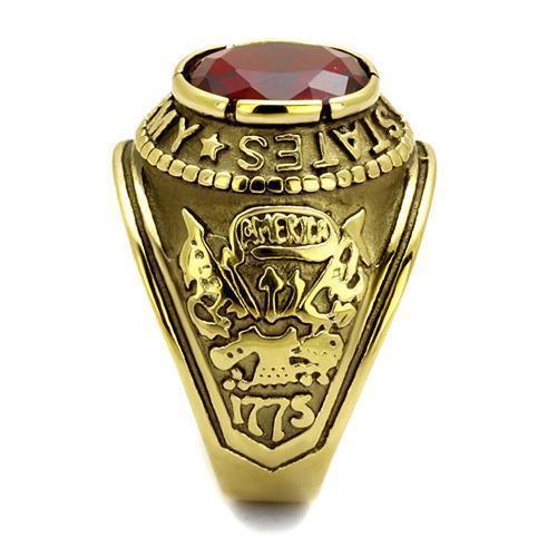 US Army Ring for Men and Women Unisex Stainless Steel Military Patriotic Ring in Gold with Red Stone Rock - Jewelry Store by Erik Rayo