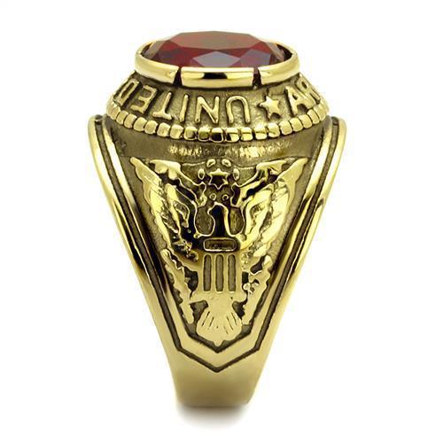 US Army Ring for Men and Women Unisex Stainless Steel Military Patriotic Ring in Gold with Red Stone Rock - Jewelry Store by Erik Rayo