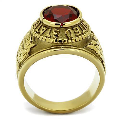US Army Ring for Men and Women Unisex Stainless Steel Military Patriotic Ring in Gold with Red Stone Rock - Jewelry Store by Erik Rayo