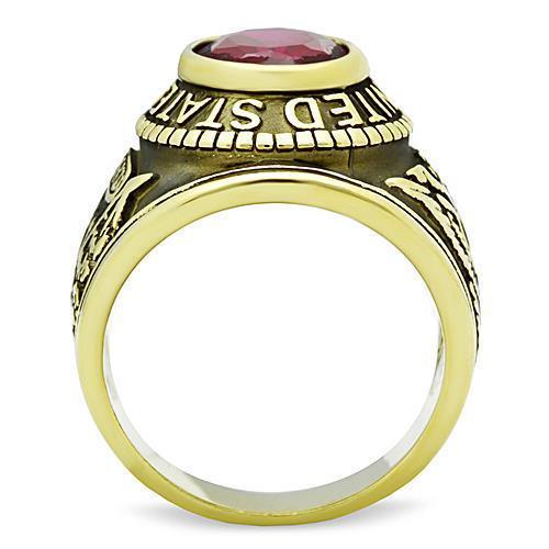 US Army Ring for Men and Women Unisex Stainless Steel Military Patriotic Ring in Gold with Red Stone Rock - Jewelry Store by Erik Rayo