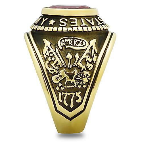 US Army Ring for Men and Women Unisex Stainless Steel Military Patriotic Ring in Gold with Red Stone Rock - Jewelry Store by Erik Rayo