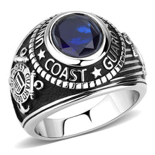 Load image into Gallery viewer, US Coast Guard Ring for Men and Women Unisex Stainless Steel Military Patriotic Ring in Silver with Blue Stone Rock¦ - Jewelry Store by Erik Rayo
