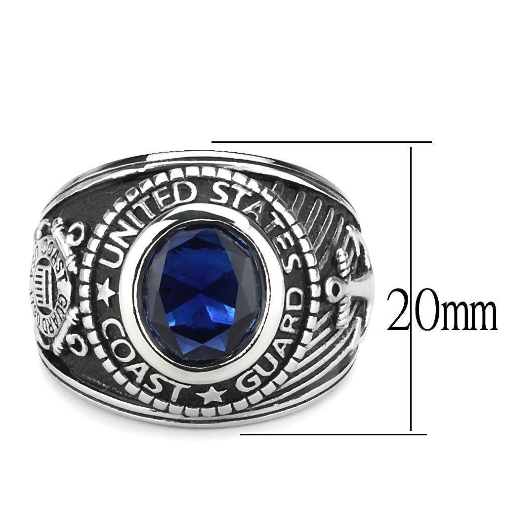 Silver US Coast Guard Ring for Men and Women Unisex Stainless Steel Military Class Ring with Blue Stone - Jewelry Store by Erik Rayo