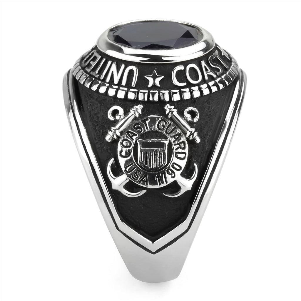 Silver US Coast Guard Ring for Men and Women Unisex Stainless Steel Military Class Ring with Blue Stone - Jewelry Store by Erik Rayo