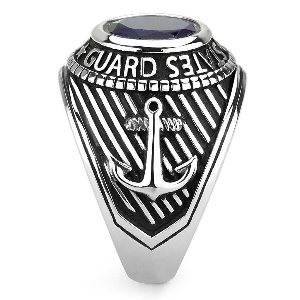 Silver US Coast Guard Ring for Men and Women Unisex Stainless Steel Military Class Ring with Blue Stone - Jewelry Store by Erik Rayo