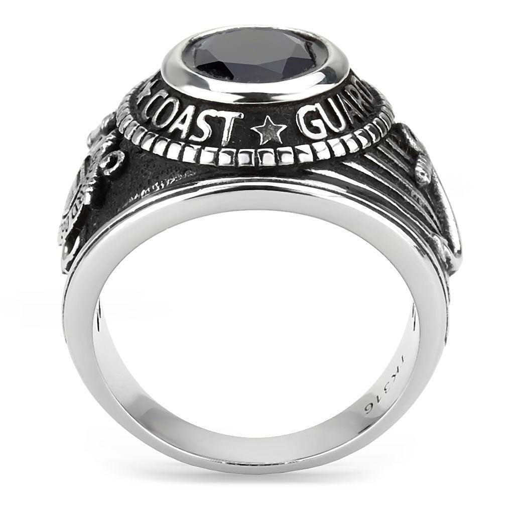 Silver US Coast Guard Ring for Men and Women Unisex Stainless Steel Military Class Ring with Blue Stone - Jewelry Store by Erik Rayo