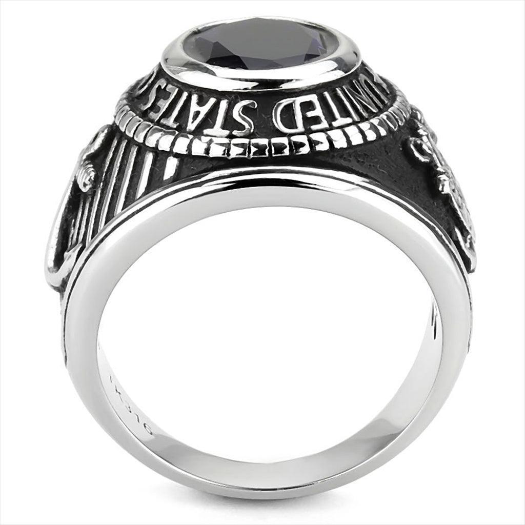 Silver US Coast Guard Ring for Men and Women Unisex Stainless Steel Military Class Ring with Blue Stone - Jewelry Store by Erik Rayo