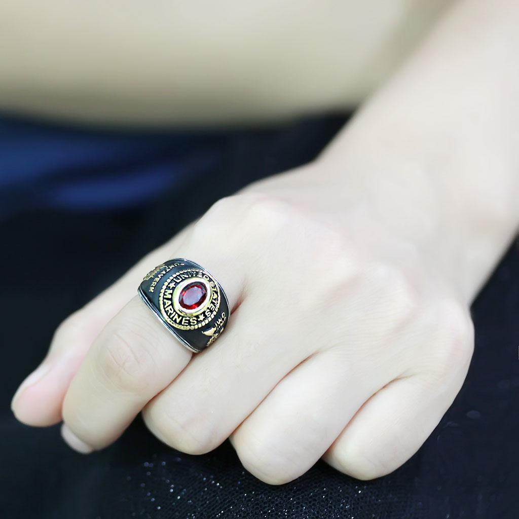 US Marines Ring for Men Women Unisex Stainless Steel Military Ring in Black and Gold with Red Stone Rock - Jewelry Store by Erik Rayo