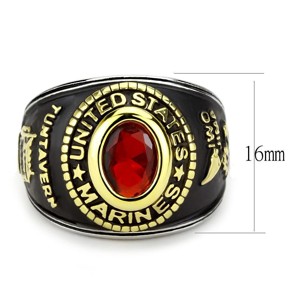 US Marines Ring for Men Women Unisex Stainless Steel Military Ring in Black and Gold with Red Stone Rock - Jewelry Store by Erik Rayo