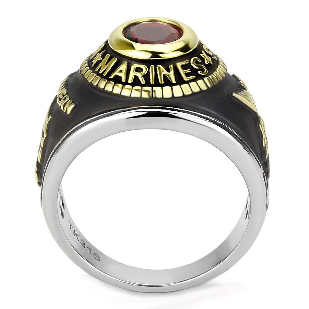 US Marines Ring for Men Women Unisex Stainless Steel Military Ring in Black and Gold with Red Stone Rock - Jewelry Store by Erik Rayo