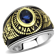 Load image into Gallery viewer, US Navy Ring for Men and Women Unisex Stainless Steel Military Patriotic Ring in Black Gold with Blue Stone - Jewelry Store by Erik Rayo
