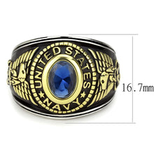 Load image into Gallery viewer, US Navy Ring for Men and Women Unisex Stainless Steel Military Patriotic Ring in Black Gold with Blue Stone - Jewelry Store by Erik Rayo
