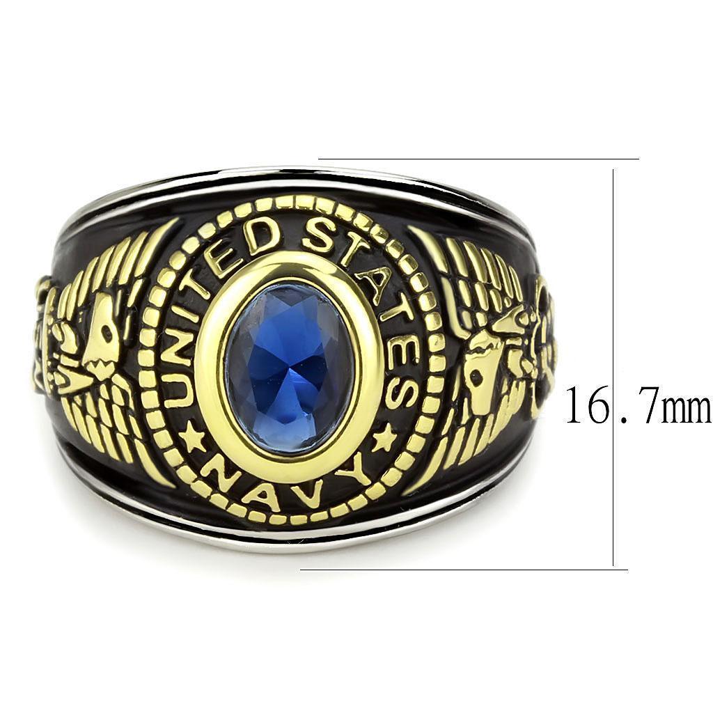 USN Navy Ring for Men and Women Unisex Stainless Steel Military Class Ring in Black Gold with Blue Stone - Jewelry Store by Erik Rayo