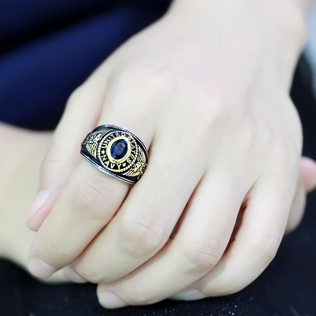 USN Navy Ring for Men and Women Unisex Stainless Steel Military Class Ring in Black Gold with Blue Stone - Jewelry Store by Erik Rayo