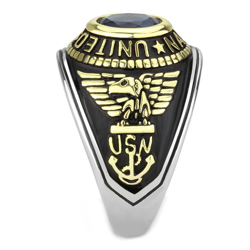 USN Navy Ring for Men and Women Unisex Stainless Steel Military Class Ring in Black Gold with Blue Stone - Jewelry Store by Erik Rayo