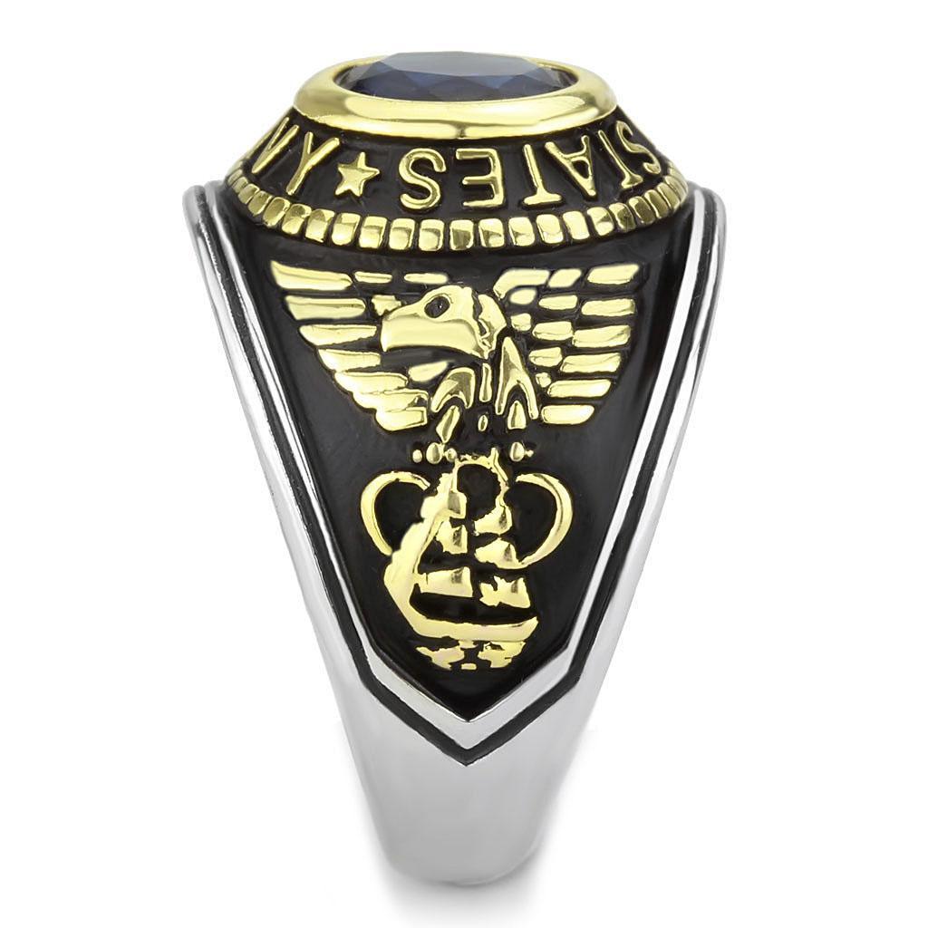 USN Navy Ring for Men and Women Unisex Stainless Steel Military Class Ring in Black Gold with Blue Stone - Jewelry Store by Erik Rayo
