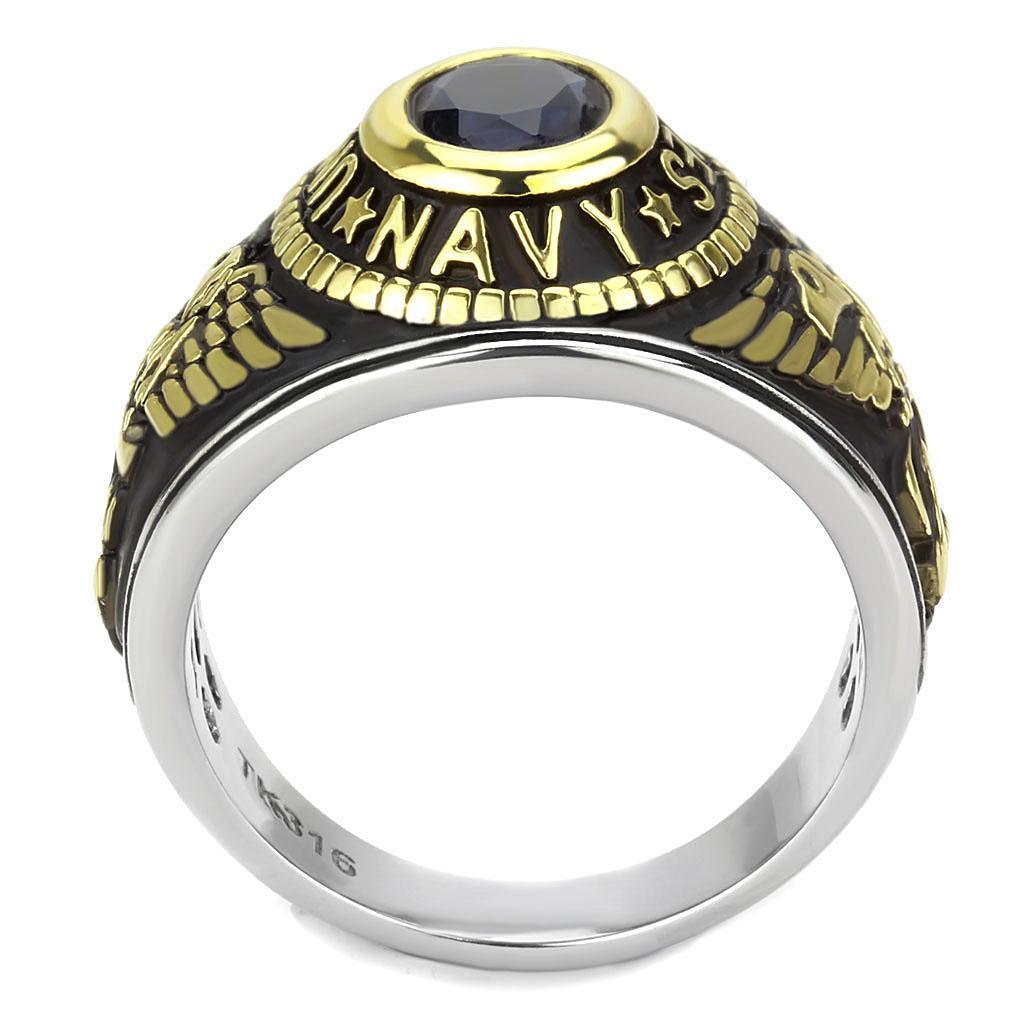 USN Navy Ring for Men and Women Unisex Stainless Steel Military Class Ring in Black Gold with Blue Stone - Jewelry Store by Erik Rayo