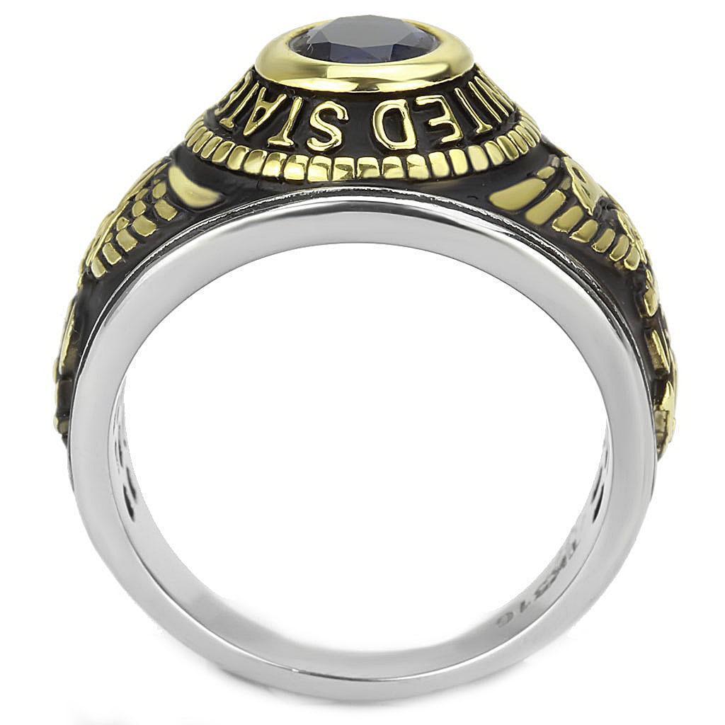 USN Navy Ring for Men and Women Unisex Stainless Steel Military Class Ring in Black Gold with Blue Stone - Jewelry Store by Erik Rayo