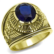 Load image into Gallery viewer, USN Gold Navy Ring for Men and Women Unisex Stainless Steel Military Class Ring with Blue Stone - Jewelry Store by Erik Rayo
