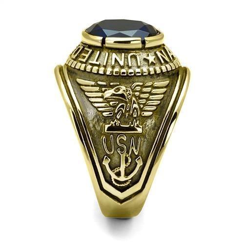US Navy Ring for Men and Women Unisex Stainless Steel Military Patriotic Ring in Gold with Blue Stone - Jewelry Store by Erik Rayo