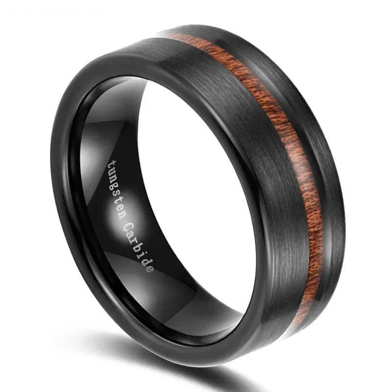 Men's Tungsten Carbide Wedding Band - Black Brushed Off Center Koa Wood Ring for Men and Women - Jewelry Store by Erik Rayo