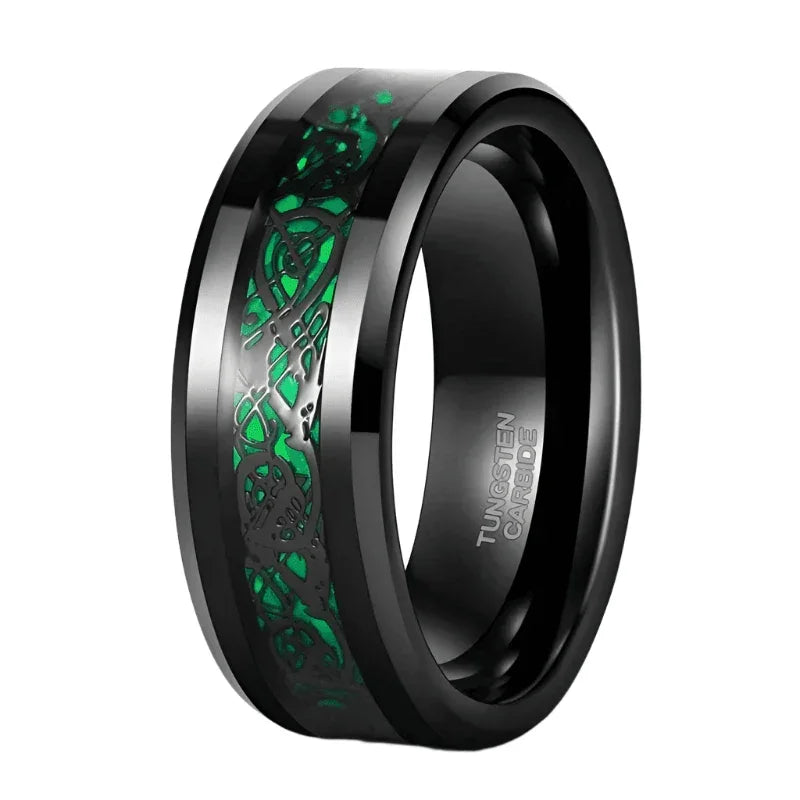 Black Celtic Dragon Carbon Fiber Green Wedding Band for Men and Women - Jewelry Store by Erik Rayo