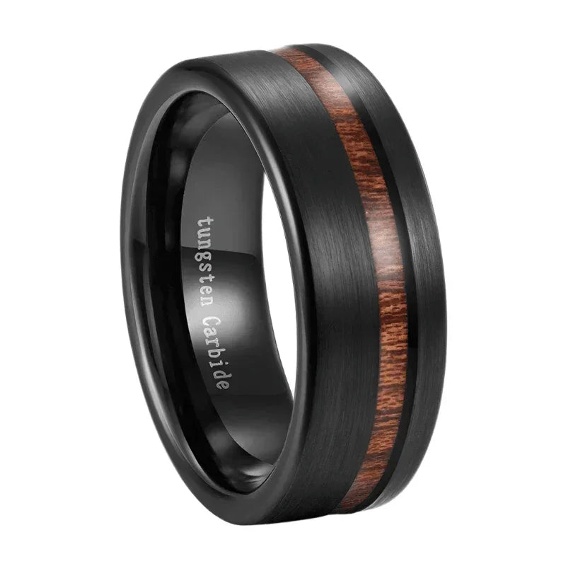 Men's Tungsten Carbide Wedding Band - Black Brushed Off Center Koa Wood Ring for Men and Women - Jewelry Store by Erik Rayo