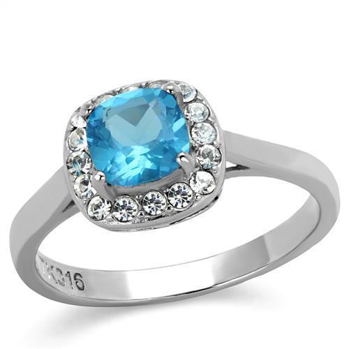 Womans Silver Aquamarine Ring Anillo Para Mujer 316L Stainless Steel Ring with Glass in Sea Blue - Jewelry Store by Erik Rayo