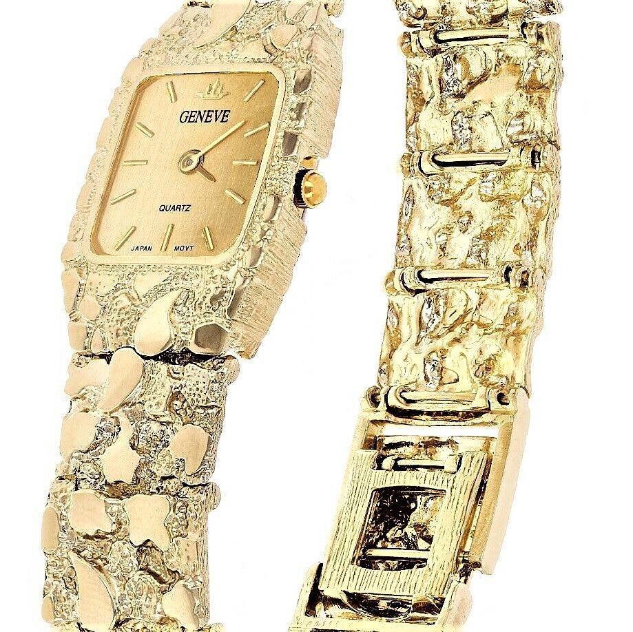 Women's 10k Yellow Gold Nugget Link Wrist Bracelet Geneve Watch 7-7.5 40 grams - Jewelry Store by Erik Rayo