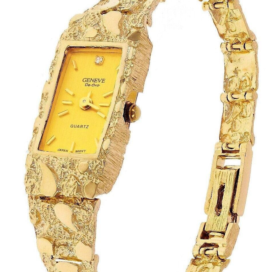 Women's 14k Yellow Gold Nugget Band Wrist Bracelet Geneve Watch with Diamond 7.5 31 grams - Jewelry Store by Erik Rayo