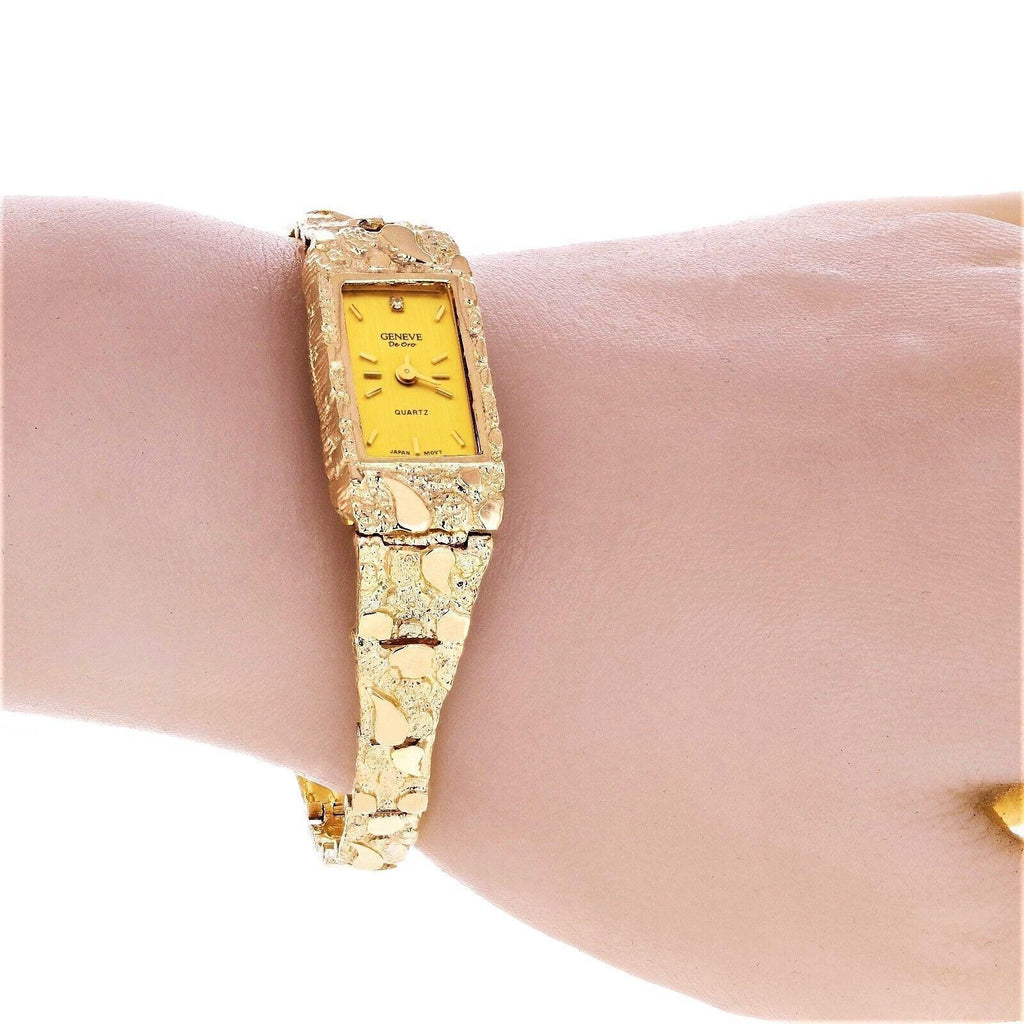 Women's 14k Yellow Gold Nugget Band Wrist Bracelet Geneve Watch with Diamond 7.5 31 grams - Jewelry Store by Erik Rayo