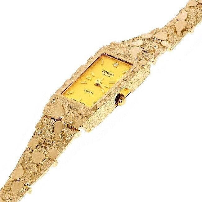 Women's 14k Yellow Gold Nugget Band Wrist Bracelet Geneve Watch with Diamond 7.5 31 grams - Jewelry Store by Erik Rayo