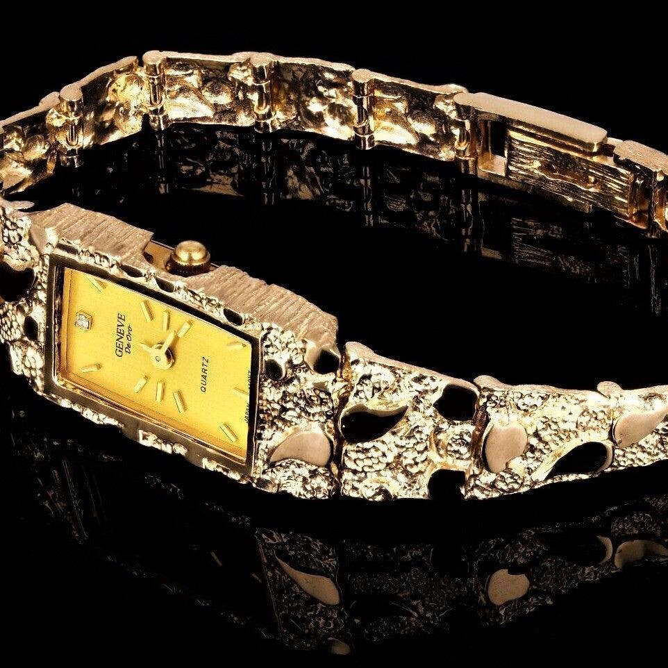 Women's 14k Yellow Gold Nugget Band Wrist Bracelet Geneve Watch with Diamond 8 33 grams - Jewelry Store by Erik Rayo