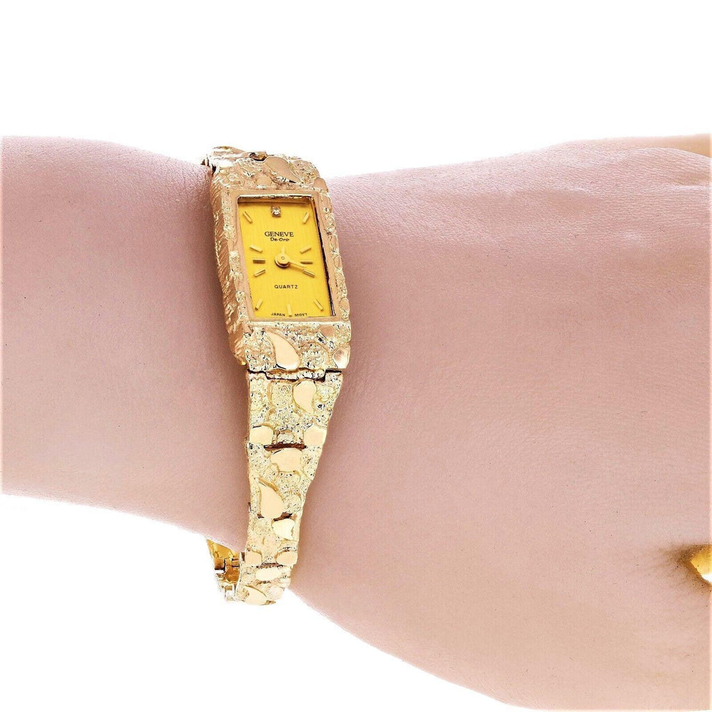 Women's 14k Yellow Gold Nugget Band Wrist Bracelet Geneve Watch with Diamond 8 33 grams - Jewelry Store by Erik Rayo
