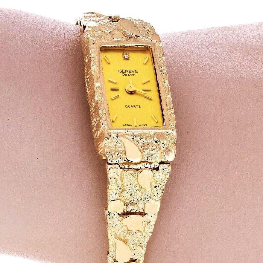 Women's 14k Yellow Gold Nugget Band Wrist Bracelet Geneve Watch with Diamond 8 33 grams - Jewelry Store by Erik Rayo