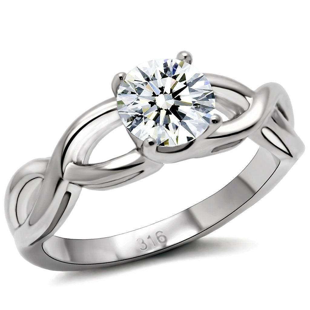 Women's Ring Wedding Solitaire Waves Stainless Steel Ring with AAA Grade CZ in Clear - Jewelry Store by Erik Rayo