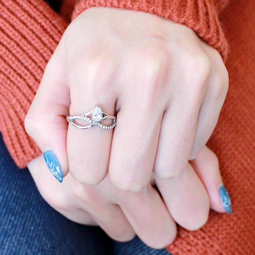 Women's Ring Wedding Teardrop Waves Stainless Steel Ring with AAA Grade CZ in Clear - Jewelry Store by Erik Rayo