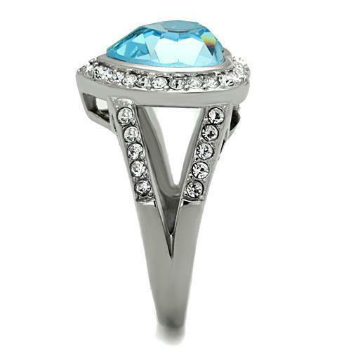 Women's Stainless Steel Baby Blue Aqua Aquamarine Topaz cz Halo Heart Bold Ring - Jewelry Store by Erik Rayo