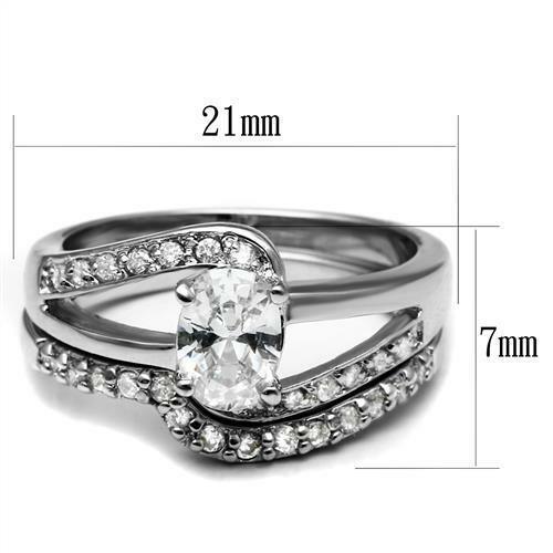 Women's Stainless Steel Oval CZ Engagement Wedding 2 PC Promise Ring Set - Jewelry Store by Erik Rayo