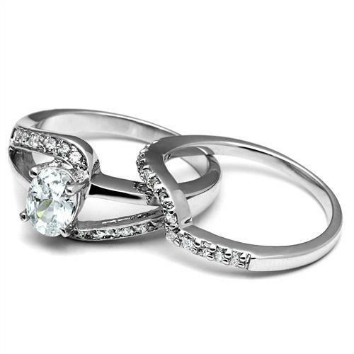 Women's Stainless Steel Oval CZ Engagement Wedding 2 PC Promise Ring Set - Jewelry Store by Erik Rayo