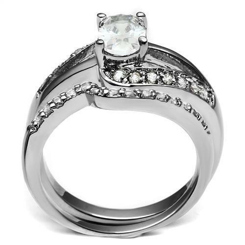 Women's Stainless Steel Oval CZ Engagement Wedding 2 PC Promise Ring Set - Jewelry Store by Erik Rayo