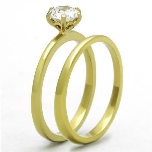 Women's Stainless Steel Solitaire Round cz Engagement Wedding Gold GP Ring Set - Jewelry Store by Erik Rayo