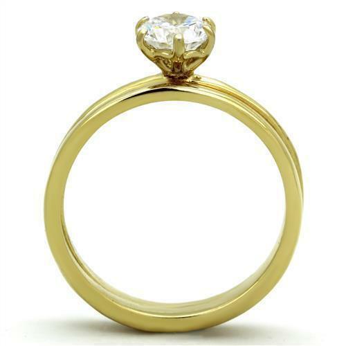 Women's Stainless Steel Solitaire Round cz Engagement Wedding Gold GP Ring Set - Jewelry Store by Erik Rayo