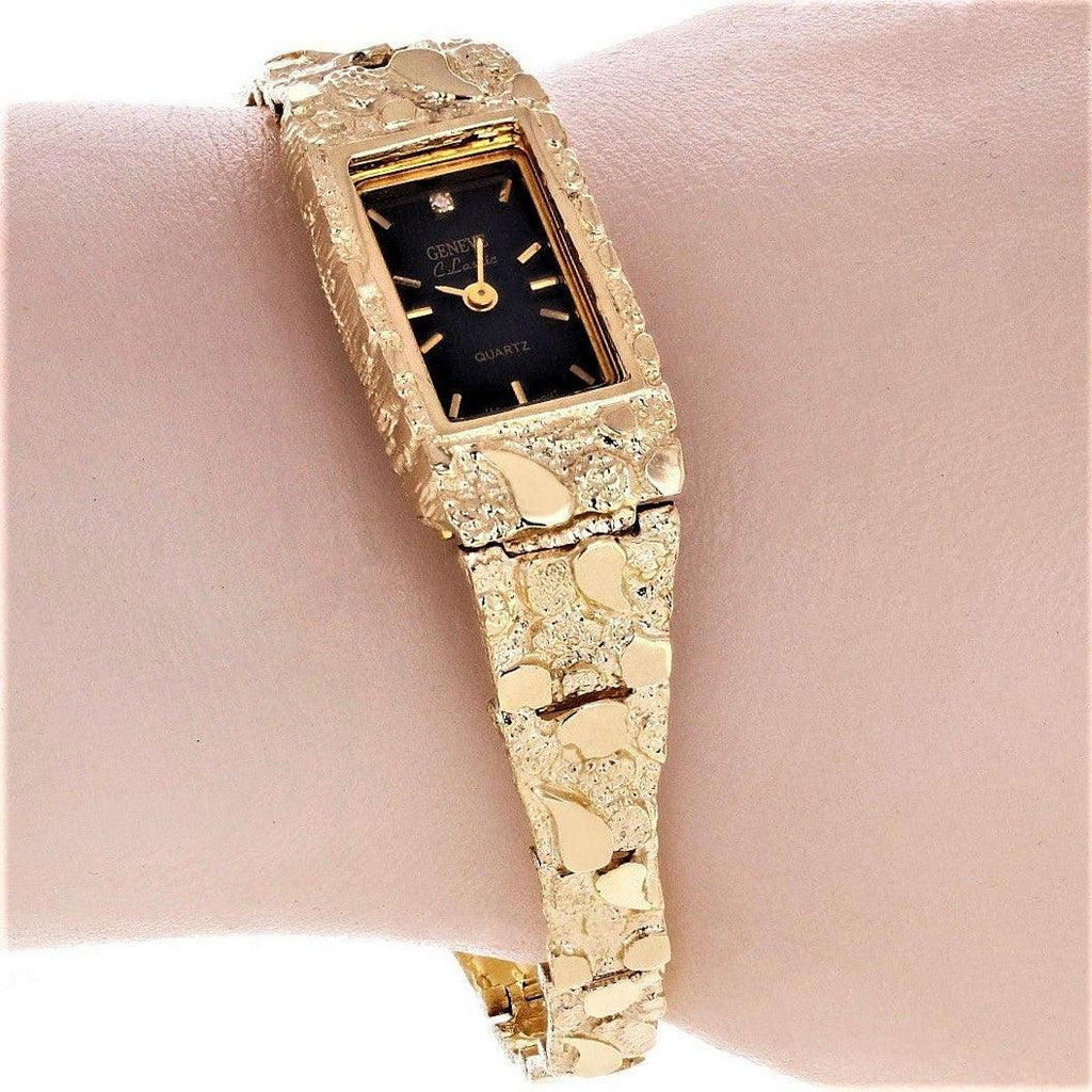 Women's Watch 10k Yellow Gold Nugget Link Bracelet Geneve Wrist Watch with Diamond 7 25.6 grams - Jewelry Store by Erik Rayo