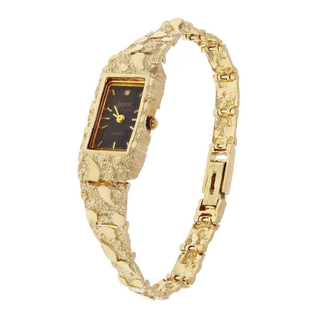 Women's Watch 10k Yellow Gold Nugget Link Bracelet Geneve Wrist Watch with Diamond 7 25.6 grams - Jewelry Store by Erik Rayo
